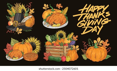 Thanksgiving day set stickers colorful with harvest of vegetables and fruits near roast turkey and greeting slogan vector illustration