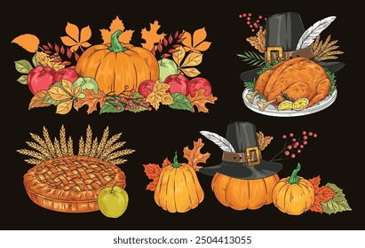 Thanksgiving day set stickers colorful with pumpkins in autumn foliage and pie or turkey for festive feast vector illustration