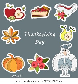 Thanksgiving Day. Set of stickers with pumpkin, fruits, sweet pie and turkey. Social network stickers.Vector illustrations for online communication.