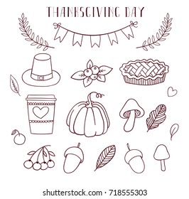 Thanksgiving day set with thematic elements : pumpkins, hats, food and drinks. Inspired by fall illustration. Hand drawn vector clip-art.