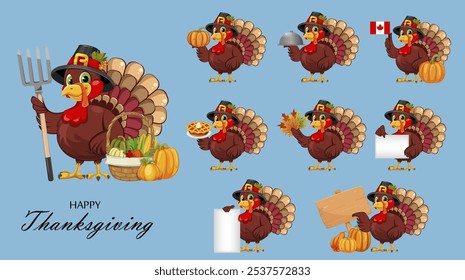 Thanksgiving Day. Set with turkey bird wearing a Pilgrim hat