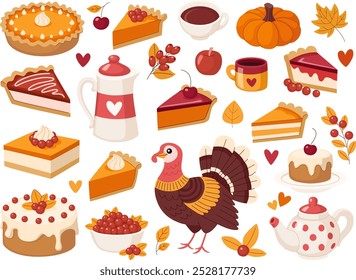 Thanksgiving Day set. Turkey, whole pumpkin pie, pumpkin and berry pie pieces, autumn fruits and berries, coffee pot, teapot and cups with warm drinks. Cozy and warm food autumn collection.