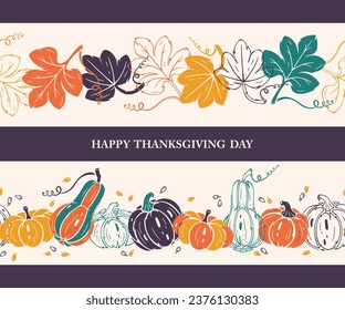 Thanksgiving Day Set. Two Seamless border patterns with Pumpkins and Pumpkin Leaves. Repeating Tapes of Autumn Harvest Symbols. Healthy Food. Vegetables Vector illustration. Greeting Card Template.