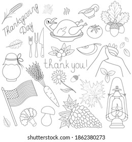 Thanksgiving Day. Sketch. Set of vector illustrations. Outline on an isolated white background. Lettering. Collection of festive elements. Doodle style. Leaves, turkey, harvest, vegetables, USA flag.