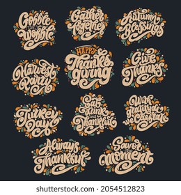 Thanksgiving Day stickers. Handwritten lettering. Vector text. Sticker, poster, logo. Design template celebration.