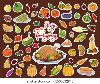 Thanksgiving day stickers set. Colorful thanksgiving icons and decorated elements. Traditional autumn harvest festival symbols. Many types celebration food. Roasted turkey, pumpkin, pie, fruits, nuts.