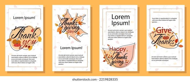 Thanksgiving day stickers vector illustration isolated on white background. Phrases Give thanks, Thank you, Happy Thanksgiving with pumpkins and autumn leaves Flat style 