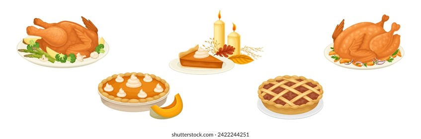 Thanksgiving Day Symbol and Festive Food Vector Set
