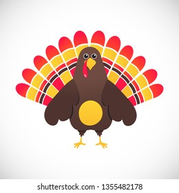 Thanksgiving day symbol red feathers turkey flat style gradient design vector illustration. Cute cartoon mascot holidays autumn harvest character isolated on white background.