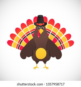 Thanksgiving day symbol red feathers turkey  with pilgrim hat flat style gradient design vector illustration. Cute cartoon mascot holidays autumn harvest character isolated on white background.