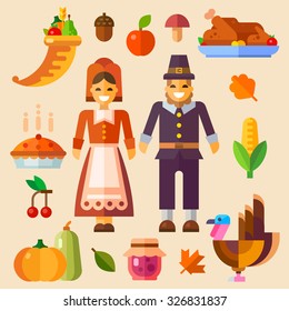 Thanksgiving day! Thanksgiving symbols: pumpkin, autumn leaves, corn, pilgrims, cherry, jam. Flat vector illustration set. Vector stock cartoon. 