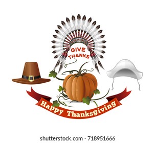 Thanksgiving Day symbols set. Happy Thanksgiving. Give thanks. Headdresses of the first settlers, Indian headdress and pumpkin. Vector illustration