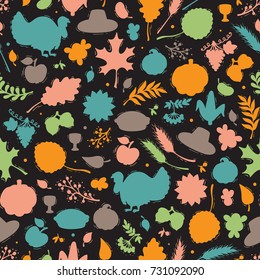 Thanksgiving Day Symbols Vector Background. Autumn Harvest icons Seamless Pattern. Silhouettes of Turkey Bird, Berries, Fruit, Vegetables, Leaves, Ears Of Wheat, Thanksgiving Hat and Pumpkin pie