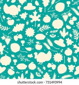Thanksgiving Day Symbols Vector Background. Autumn Harvest icons Seamless Pattern. Silhouettes of Turkey Bird, Berries, Fruit, Vegetables, Leaves, Ears Of Wheat, Thanksgiving Hat and Pumpkin pie