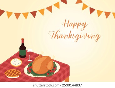 Thanksgiving day table and bunting flag on yellow background vector holiday invitation template