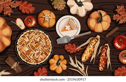 Thanksgiving Day table, dinner concept. Autumn leaves, pumpkin pie, apples and plates on the wooden background. Vector illustration for postcard, banner, card, poster, background.