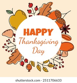 Thanksgiving day template of apple, mushrooms, corn, leaves and berries. Vector design for Happy Thanksgiving Day greeting