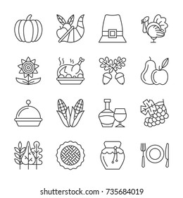 Thanksgiving day thin line icon set. Holiday diner vector linear symbol pack. Outline sign without fill. Editable stroke. Simple pictogram graphic collection. Logo, web design, business style concept