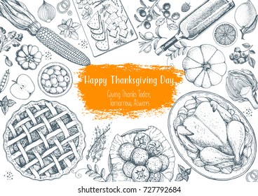 Thanksgiving day top view vector illustration. Food hand drawn sketch. Festive dinner with turkey and potato, apple pie, vegetables, fruits and berries, cheese. Autumn food sketch. Engraved image.
