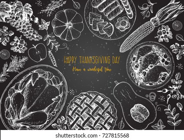 Thanksgiving day top view vector illustration. Food hand drawn sketch. Festive dinner with turkey and potato, apple pie, vegetables, fruits and berries. Autumn food sketch. Engraved image.
