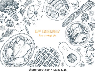 Thanksgiving day top view vector illustration. Food hand drawn sketch. Festive dinner with turkey and potato, apple pie, vegetables, fruits and berries. Autumn food sketch. Engraved image.
