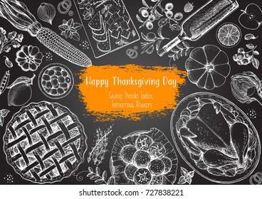 Thanksgiving day top view vector illustration. Food hand drawn sketch. Festive dinner with turkey and potato, apple pie, vegetables, fruits and berries, cheese. Autumn food sketch. Engraved image.
