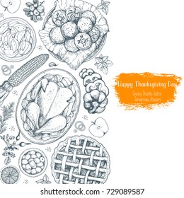 Thanksgiving day top view vector illustration. Food hand drawn sketch. Festive dinner with turkey and potato. Autumn food sketch. Engraved image.