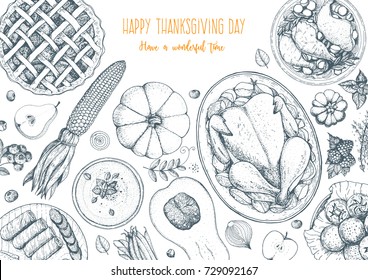 Thanksgiving day top view vector illustration. Food hand drawn sketch. Festive dinner with turkey and potato, apple pie, vegetables, fruits and berries. Autumn food sketch. Engraved image.