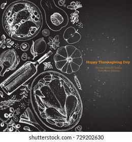 Thanksgiving day top view vector illustration. Food hand drawn sketch. Festive dinner with turkey and potato. Autumn food sketch. Engraved image.