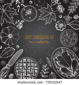 Thanksgiving day top view vector illustration. Food hand drawn sketch. Festive dinner with turkey and potato. Autumn food sketch. Engraved image.