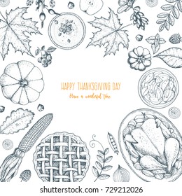 Thanksgiving day top view vector illustration. Food hand drawn sketch. Festive dinner with turkey and potato. Autumn food sketch. Engraved image.