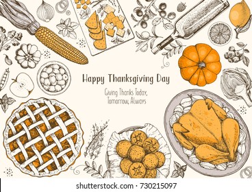 Thanksgiving day top view vector illustration. Food hand drawn sketch. Festive dinner with turkey and potato, apple pie, vegetables, fruits and berries, cheese. Autumn food sketch. Engraved image.