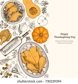 Thanksgiving day top view vector illustration. Food hand drawn sketch. Festive dinner with turkey and potato. Autumn food sketch. Engraved image.