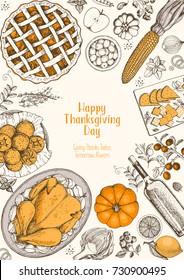 Thanksgiving day top view vector illustration. Food hand drawn sketch. Festive dinner with turkey and potato, apple pie, vegetables, fruits and berries, cheese. Autumn food sketch. Engraved image.