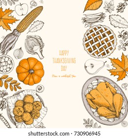 Thanksgiving day top view vector illustration. Food hand drawn sketch. Festive dinner with turkey and potato. Autumn food sketch. Engraved image.