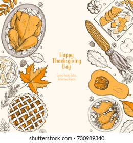 Thanksgiving day top view vector illustration. Food hand drawn sketch. Festive dinner with turkey and potato. Autumn food sketch. Engraved image.