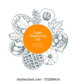 Thanksgiving day top view vector illustration. Food label hand drawn sketch. Festive dinner with turkey and potato. Autumn food sketch. Engraved image.