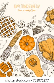 Thanksgiving day top view vector illustration. Food hand drawn sketch. Festive dinner with turkey and potato, apple pie, vegetables, fruits and berries. Autumn food sketch. Engraved image.