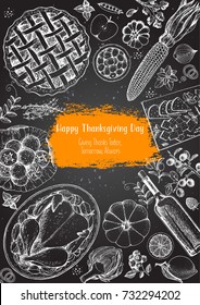 Thanksgiving day top view vector illustration. Food hand drawn sketch. Festive dinner with turkey and potato, apple pie, vegetables, fruits and berries, cheese. Autumn food sketch. Engraved image.
