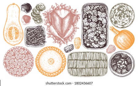 Thanksgiving day traditional dishes illustrations in color. Roasted turkey, cooked vegetables, rolled meat, pumpkin, cakes and pies sketches. Vintage autumn food for Thanksgiving day dinner set. 