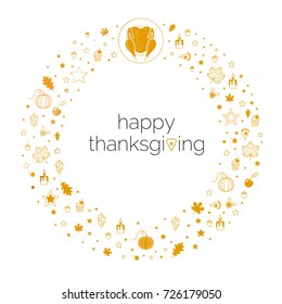 Thanksgiving day traditional symbols in modern style. Happy thanksgiving elegant card template with decoration. Golden linear icons in circular ornament. Vector illustration, isolated on white