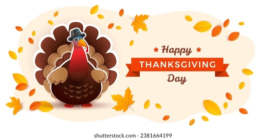 Thanksgiving Day turkey banner with Thanksgiving turkey cartoon cute character, fall foliage, yellow leaves, and Happy Thanksgiving Day lettering. Yellow background. Vector illustration 