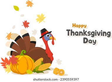 Thanksgiving Day. Turkey bird in a hat with pumpkin and corn on a white background, space for text. Character