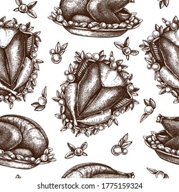 Thanksgiving day turkey dishes seamless pattern. Roasted turkey with vegetables sketches. Traditional american meat dishes for Thanksgiving day. Family  dinner background. Vector food backdrop