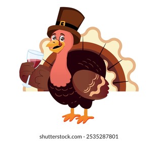 Thanksgiving Day. turkey in a hat making a toast. Cartoon style vector illustration.