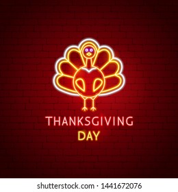 Thanksgiving Day Turkey Neon Label. Vector Illustration of Fall Promotion.