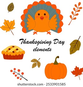 Thanksgiving Day Turkey, Pie, And Pumpkin With Autumn Leaves Elements in Flat Style Vector Illustration. Traditional Thanksgiving Food And Seasonal Foliage for Decorations, Invitations, Celebrations.