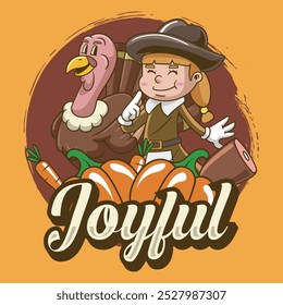 Día de Acción de Gracias Turquía, calabaza, hojas de otoño y niña peregrina en Antiguas ilustración de mascota de dibujos animados retro para pegatina, insignia, parche, Anuncio, tarjeta de felicitación, invitación