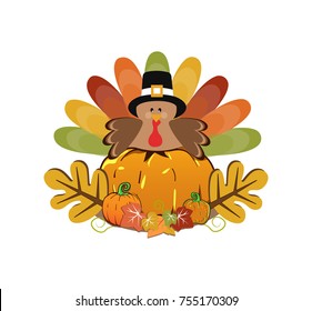 Thanksgiving day. Turkey, pumpkings autumn leaf and branches.