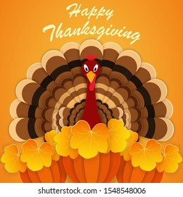 Thanksgiving day. Turkey with ripe pumpkin crop. Paper cut background style.